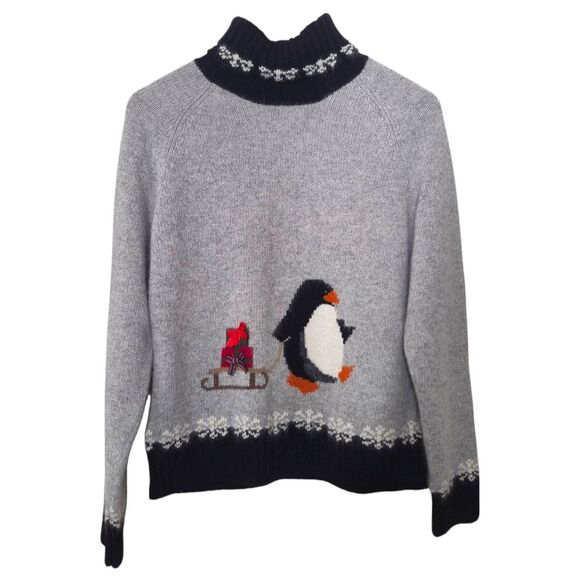 Talbots Gray and Black Cowl Neck Sweater with Penguin Design Vintage Size Large - Picture 1 of 5